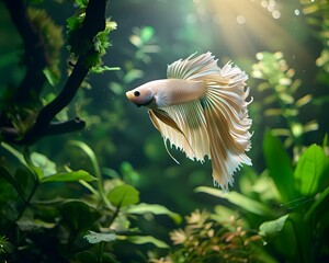 Poster - Gracefully Swimming Betta Fish in Aquarium with Green Plants and Natural Wood Decor