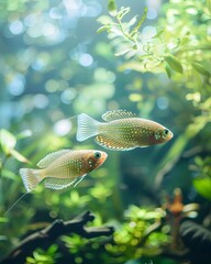 Sticker - Iridescent Pearl Gouramis Peacefully Swimming Amidst Lush Underwater Foliage in a Well Planted Aquarium