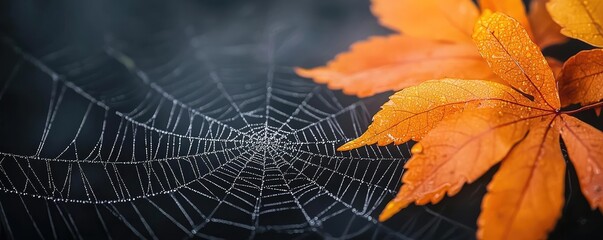 Aufkleber - A close-up of dew-covered spider web intertwined with vibrant autumn leaves, showcasing nature's intricate beauty and seasonal change.