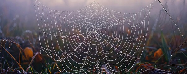 Poster - A stunning close-up of a spider web adorned with dew drops, illuminated by soft morning light in a misty landscape.