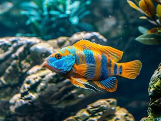 Poster - Vibrant Peacock Cichlid in Captivating Rocky Aquarium Setup