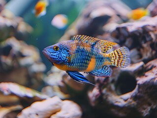 Sticker - Vibrant Peacock Cichlid in Aquatic Tank with Natural Decor