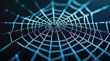 Poster - A close-up view of a beautifully woven spider web, showcasing intricate patterns and delicate details against a dark background.