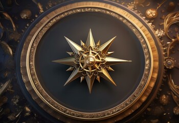 Poster - A golden starburst design, with a circular frame, sits in the center of a dark surface.