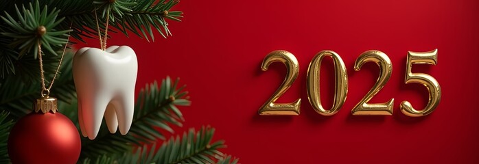 White tooth hanging on Christmas tree with date 2025 on a red background. Free space for text. Christmas medical background, card, banner. 2025 new year dental card