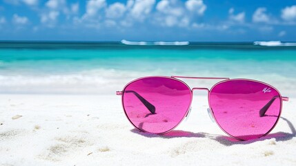 A pair of pink sunglasses resting on a white sandy beach, with the ocean and sky blending in the background.