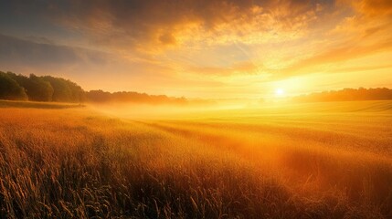 A peaceful countryside sunrise with mist rising from the fields and the sky glowing with warm colors.