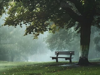 Wall Mural - Solitary Park Bench Under Tree on Rainy Misty Day with Peaceful Atmosphere