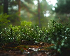 Poster - Rainy Forest Scene with Droplets on Pine Needles and Wet Leaves Covering the Ground