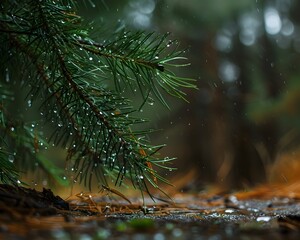 Poster - Rainy Forest Scene with Droplets Clinging to Pine Needles and Wet Fallen Leaves on the Ground