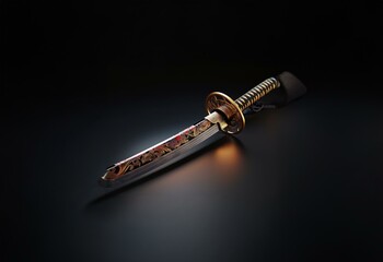 A Japanese sword with a black scabbard, gold accents, and a decorated blade lies on a dark surface.