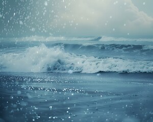 Poster - Dramatic Coastal Storm with Crashing Waves and Misty Raindrops Blanketing the Ocean Surface