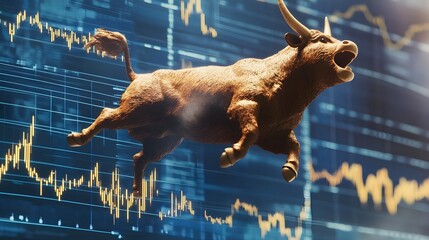 Bull charging upward as stock market lines increase on a graph