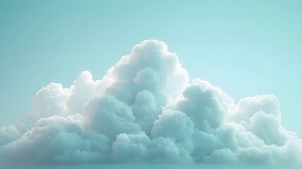 Fluffy white cumulus clouds against a light blue background create a peaceful mood in a minimalist composition, showcasing a dreamy sky and soft lighting in high-key digital art style.