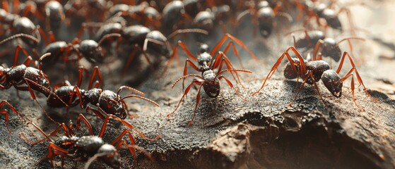 Close-up of ants crawling on wood, showcasing their intricate details and natural habitat.