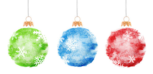 three christmas ornaments painted with watercolor paints with snowflakes design on white isolated background