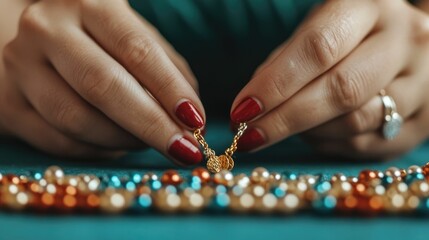 Close up of a creative DIY jewelry maker s hands fashioning a unique necklace with colorful beads threads and metal charms