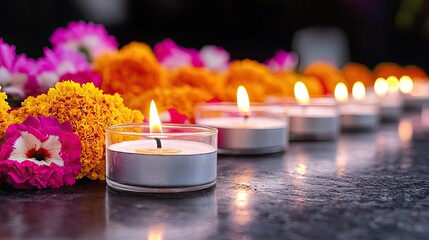 Aufkleber - A serene arrangement of lit candles and vibrant flowers, perfect for creating a calming atmosphere or enhancing a spiritual setting.