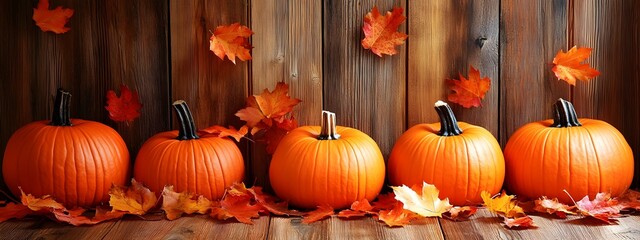 A photograph of pumpkins and autumn leaves on a wooden background, showcasing the beauty of the fall season