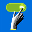 © Morena - Modern collage with halftone hand push setting button switch to on position. Slider bar. Start or begin business