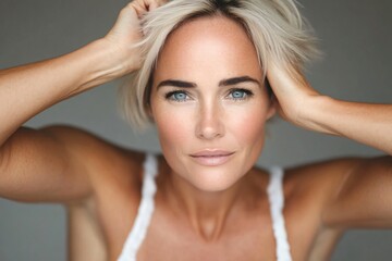 Close Up Portrait Of A Beautiful Middle Aged Woman With Short Blond Hair