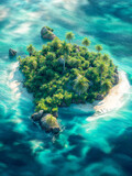 Aerial view looking down onto a beautiful tropical paradise island covered in palm trees and white beaches