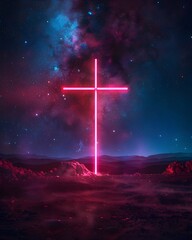Poster - Glowing Neon Cross in Serene Starry Night Sky Symbolizing Faith and Spirituality in Modern World