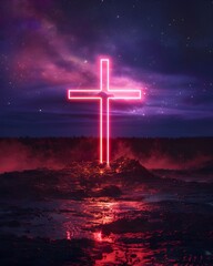 Poster - Glowing Neon Cross Against Starry Night Sky Representing Faith in Modern World