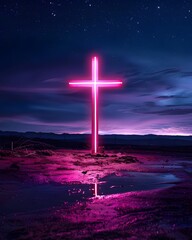 Poster - Glowing Neon Cross Against Serene Starry Nightscape