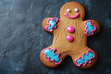 Smiling gingerbread man with colorful icing on slate