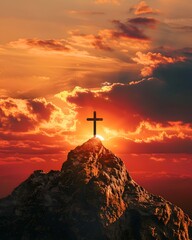 Poster - Triumphant Cross Silhouetted Against Fiery Mountain Sunset