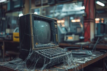 A broken computer monitor with spider webs on it
