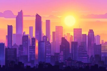 A city landscape full of modern sense, with purple tones as the theme, sunny during the day, the city is full of bright colors and interesting architecture, can be used for business presentation PPT.