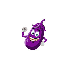 Vector graphic of illustration of a cute happy eggplant character with a clenched fist. Cute cartoon food in flat style. Vegetable emoji vector illustration
