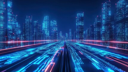 Poster - Futuristic smart city at night, blue neon lights and digital data streams connecting the infrastructure in a metaverse concept