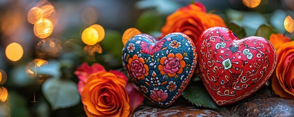 Aufkleber - Colorful decorative hearts surrounded by vibrant roses and twinkling lights, perfect for celebrations and romantic themes.