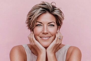 Portrait Of A Smiling Middle-Aged Woman With Short Blonde Hair On A Pink Background