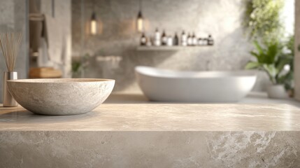 Poster - minimalist marble top table with a blurry bathroom background, offering space for product display or