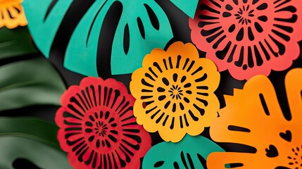 Poster - Vibrant paper flowers in red, orange, and green, perfect for festive decorations or creative projects showcasing colorful designs.