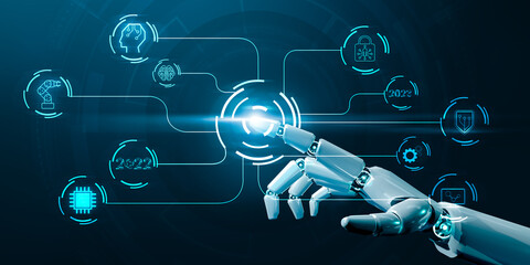 Leinwandbilder - Ai robot futuristic artificial intelligence development technology future concept, computer tech machine learning data security innovation creative idea, graphic icon illustration blue background