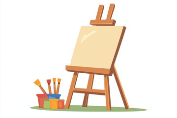 A blank canvas on an easel stands next to a cup filled with paint brushes, clipart style