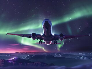 Commercial Airplane Soaring Over Vibrant Northern Lights in the Night Sky