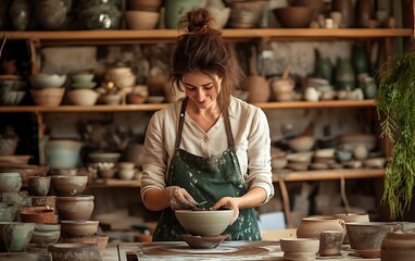 A woman artisan is working on a clay bowl in her pottery studio. The studio is filled with pottery pieces and tools.