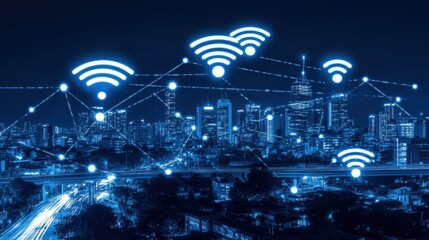 Poster - Wireless communication network in a smart city powered by cloud computing, AI technology concept in blue tones