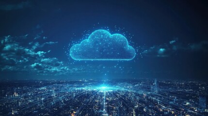 Poster - Wireless communication network in a smart city powered by cloud computing, AI technology concept in blue tones