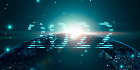 Leinwandbilder - 2022 new year world digital technology concept, growth economy business innovation development success future tech, earth 3d render graphic text banner illustration technology blue background