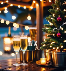 Champagne glasses on the bar of a bar.Out of focus beach background