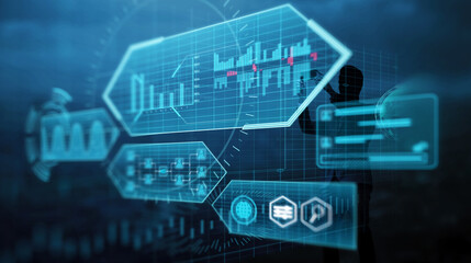 Leinwandbilder - Businessman using mobile phone analyzing data growth increasing sales, marketing, development, management, ideas innovation planning strategy, futuristic chart hologram blue background