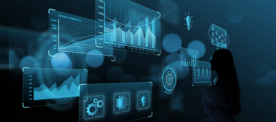 Leinwandbilder - Businesswoman using tablet analyzing data growth increasing sales, marketing, development, management, ideas innovation planning strategy, futuristic chart hologram blue background