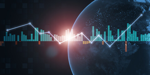 Leinwandbilder - World financial economic stuck exchange market, graphical chart graph price trending raising economy, investment risk taking action invest in trading trending, AI illustration banner background